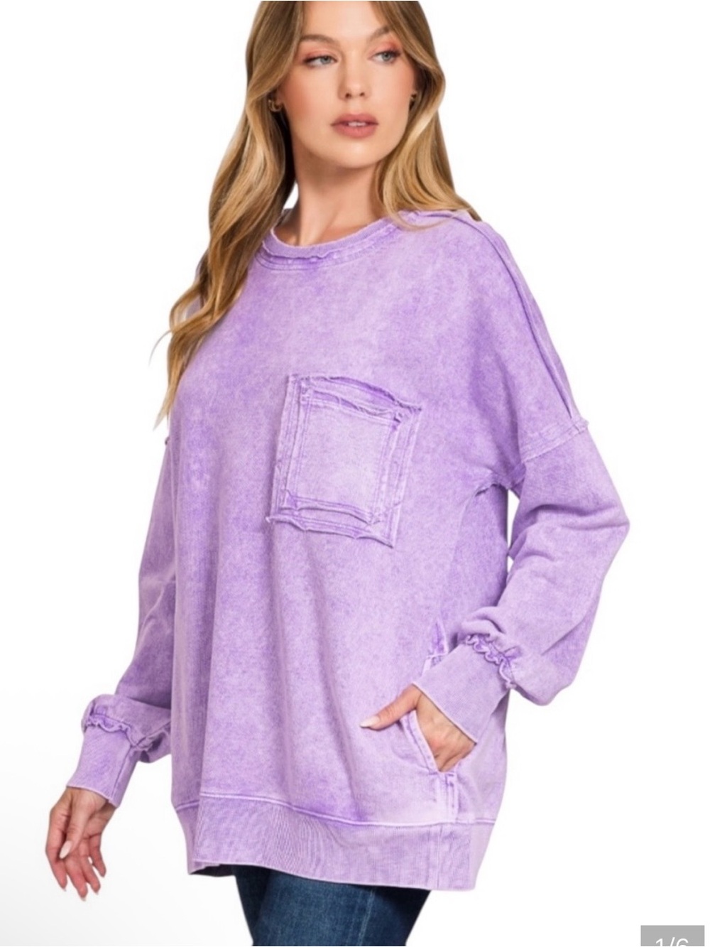 Zenana Outfitters Lavender Acid Washed French Terry Pullover